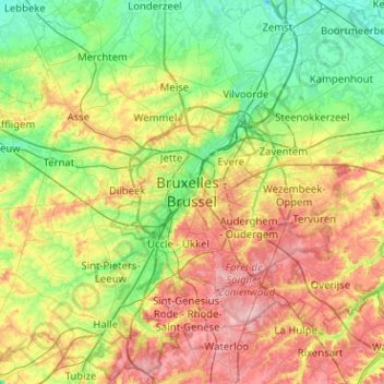Topografische kaart Brussel, hoogte, reliëf