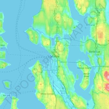 Topografische kaart Seattle, hoogte, reliëf