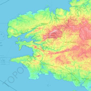 Topografische kaart Finistère, hoogte, reliëf