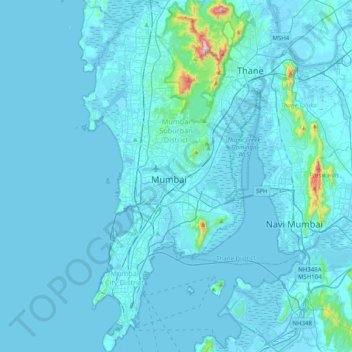 Topografische kaart Mumbai, hoogte, reliëf