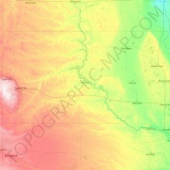 Topografische kaart Zuid-Dakota, hoogte, reliëf