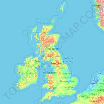 Topografische kaart Verenigd Koninkrijk, hoogte, reliëf