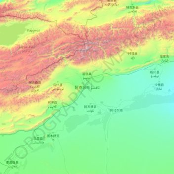 Topografische kaart ئاقسۇ ۋىلايىتى - 阿克苏地区, hoogte, reliëf