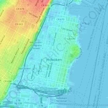 Topografische kaart Hoboken, hoogte, reliëf