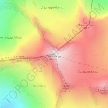 Topografische kaart Großvenediger, hoogte, reliëf