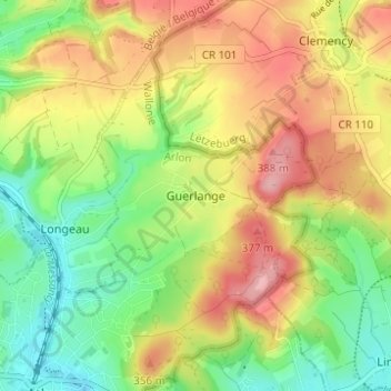 Topografische kaart Guerlange, hoogte, reliëf