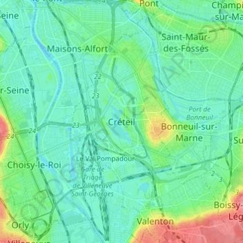Topografische kaart Créteil, hoogte, reliëf