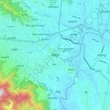 Topografische kaart Kirtipur, hoogte, reliëf