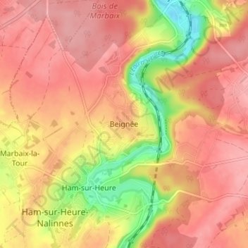 Topografische kaart Beignée, hoogte, reliëf