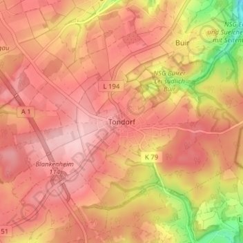 Topografische kaart Tondorf, hoogte, reliëf