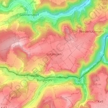 Topografische kaart Lützingen, hoogte, reliëf