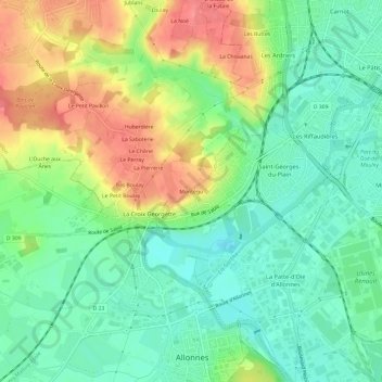 Topografische kaart Montégu, hoogte, reliëf