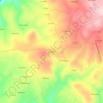 Topografische kaart Currelos, hoogte, reliëf