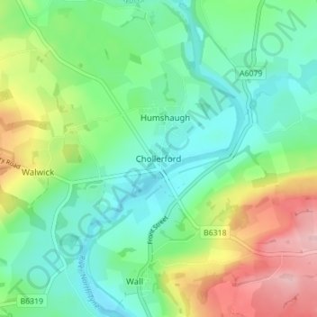 Topografische kaart Chollerford, hoogte, reliëf