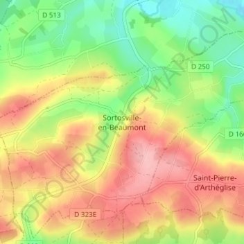 Topografische kaart Sortosville-en-Beaumont, hoogte, reliëf
