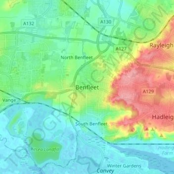 Topografische kaart Benfleet, hoogte, reliëf