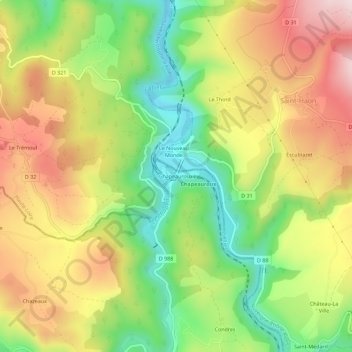 Topografische kaart Chapeauroux, hoogte, reliëf