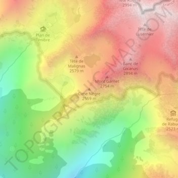 Topografische kaart Cime Nègre, hoogte, reliëf