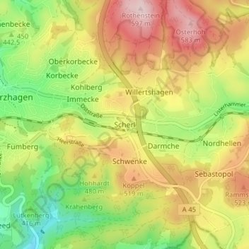 Topografische kaart Scherl, hoogte, reliëf
