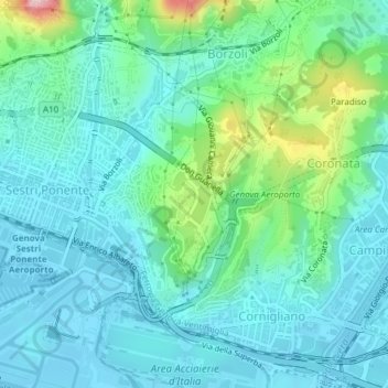 Topografische kaart Erzelli, hoogte, reliëf