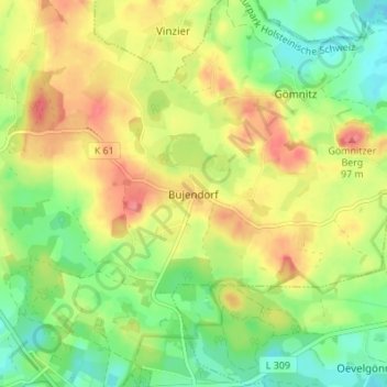 Topografische kaart Bujendorf, hoogte, reliëf