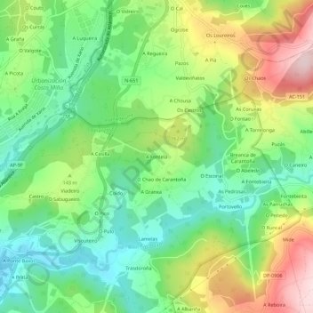 Topografische kaart A Fontela, hoogte, reliëf