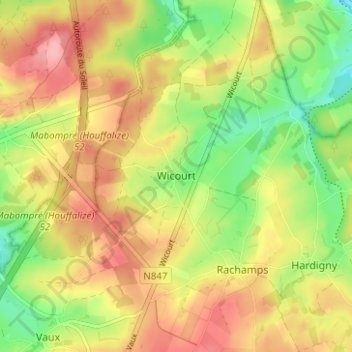 Topografische kaart Wicourt, hoogte, reliëf