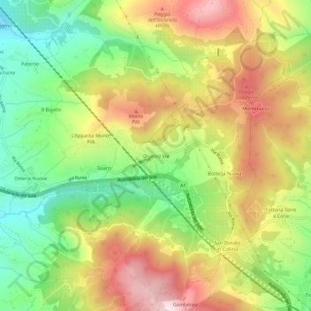 Topografische kaart Quattro Vie, hoogte, reliëf