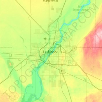 Topografische kaart Saskatoon, hoogte, reliëf