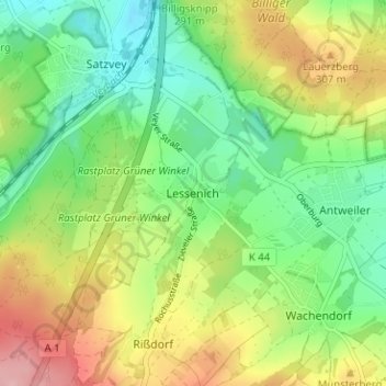 Topografische kaart Lessenich, hoogte, reliëf