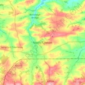 Topografische kaart North Tawton, hoogte, reliëf