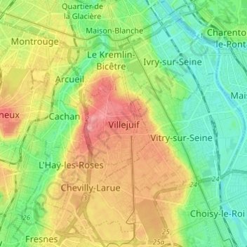 Topografische kaart Villejuif, hoogte, reliëf