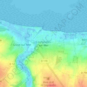 Topografische kaart Courseulles-sur-Mer, hoogte, reliëf