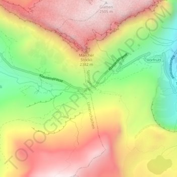 Topografische kaart Klausenpass, hoogte, reliëf