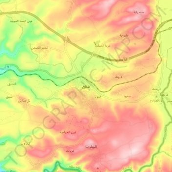 Topografische kaart Talkalakh, hoogte, reliëf