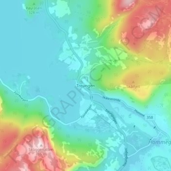 Topografische kaart Treungen, hoogte, reliëf