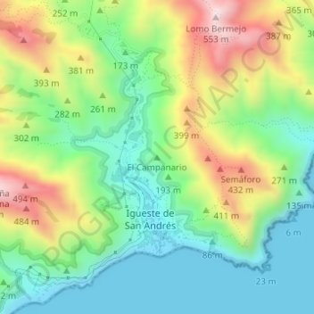 Topografische kaart El Campanario, hoogte, reliëf