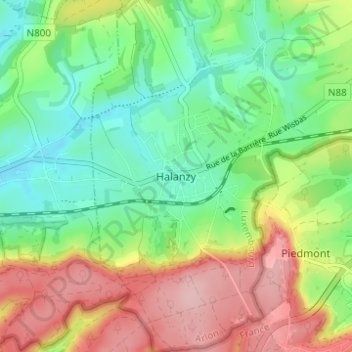Topografische kaart Halanzy, hoogte, reliëf