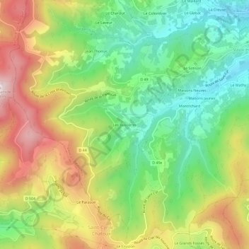 Topografische kaart Les Bussières, hoogte, reliëf