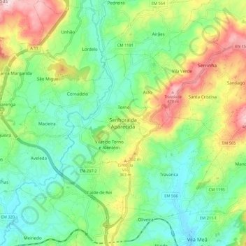 Topografische kaart Senhora da Aparecida, hoogte, reliëf