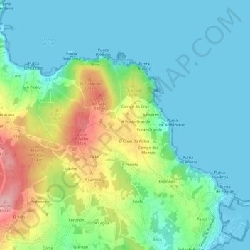 Topografische kaart O Carballo, hoogte, reliëf
