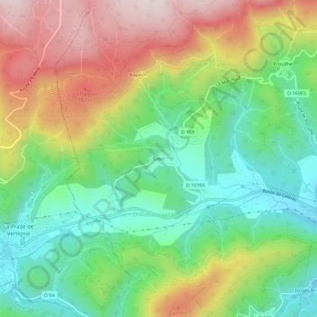 Topografische kaart Sabo, hoogte, reliëf