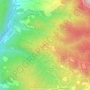 Topografische kaart Colle del Cimone, hoogte, reliëf