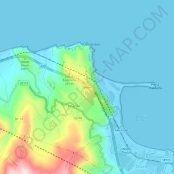 Topografische kaart Tindari, hoogte, reliëf