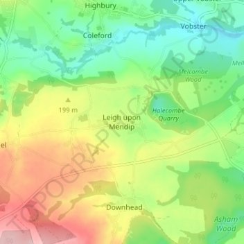 Topografische kaart Leigh upon Mendip, hoogte, reliëf