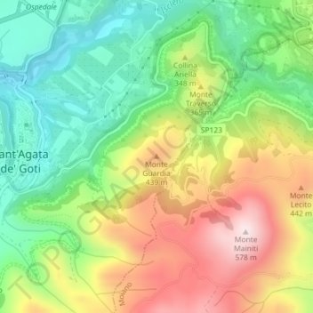 Topografische kaart Monte Guardia, hoogte, reliëf