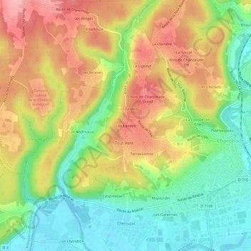 Topografische kaart Les Landes, hoogte, reliëf