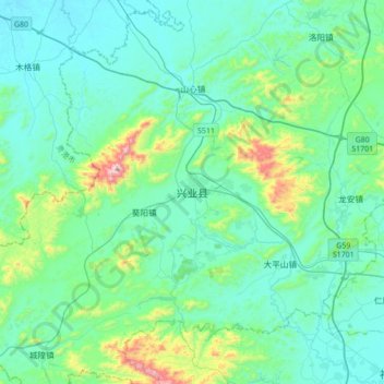 Topografische kaart 兴业县, hoogte, reliëf