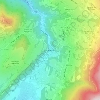 Topografische kaart Uriage Les Bains, hoogte, reliëf