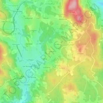 Topografische kaart Tardivier, hoogte, reliëf